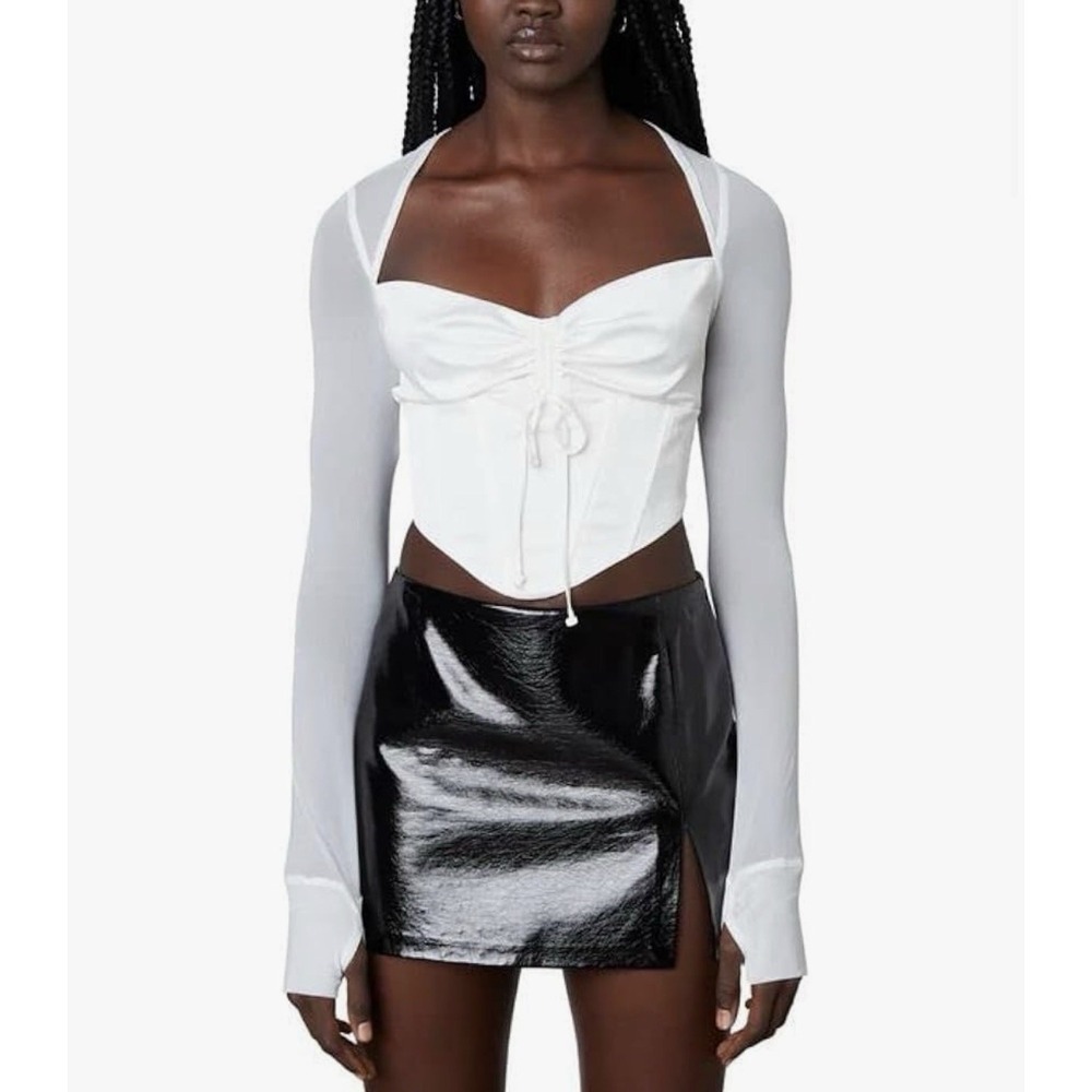NIA The Label Taurus Top XS White Ruched Satin Corset Bodice Long Sleeve Mesh